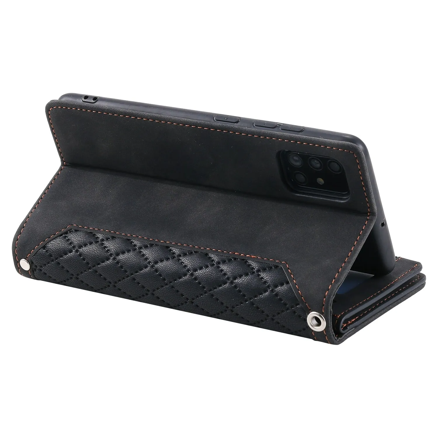 005 Style Rhombus Texture Phone Case for Samsung Galaxy A71 4G SM-A715, Zipper Pocket Leather Stand Wallet Cover with Wrist Strap