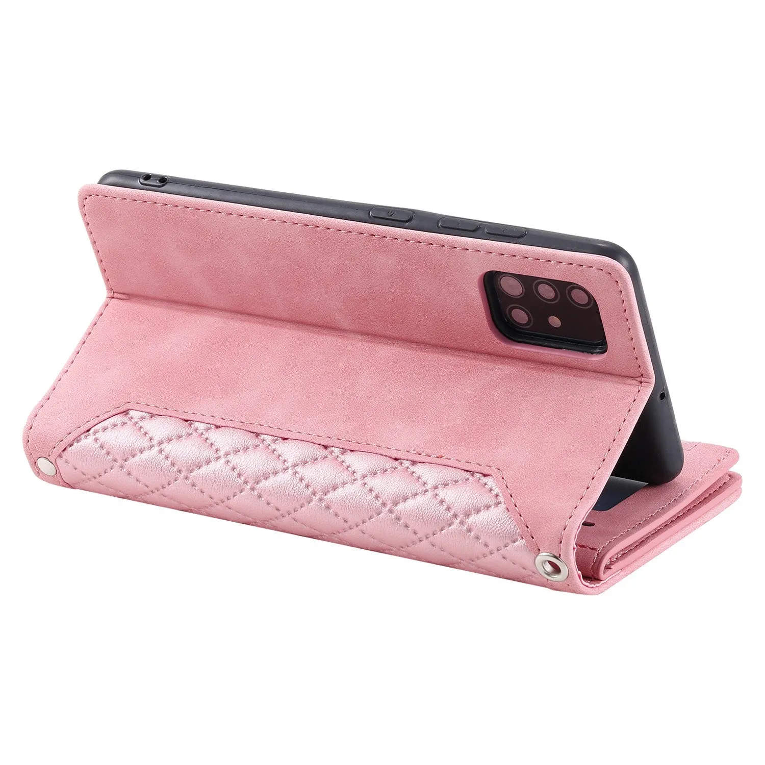 005 Style Rhombus Texture Phone Case for Samsung Galaxy A71 4G SM-A715, Zipper Pocket Leather Stand Wallet Cover with Wrist Strap