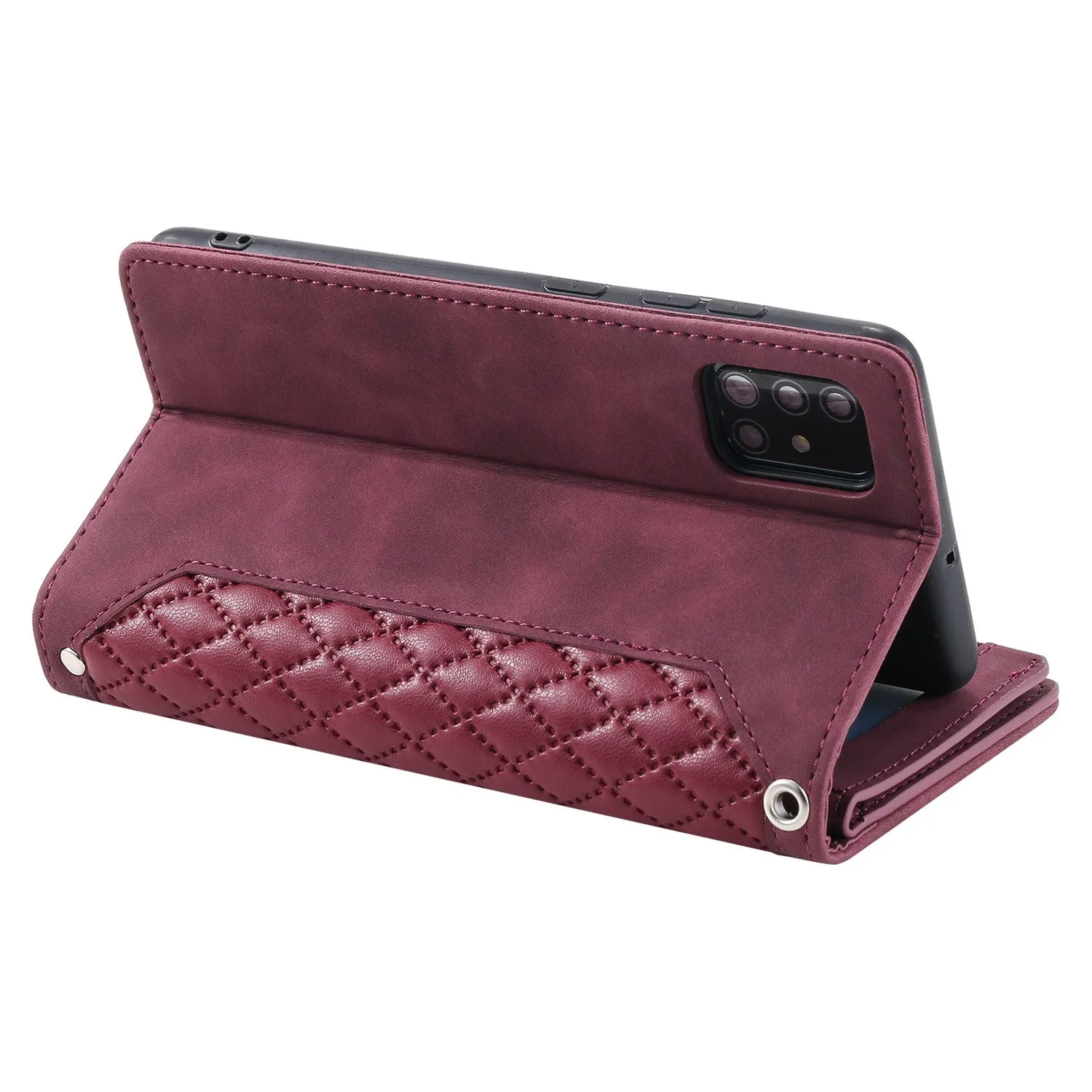 005 Style Rhombus Texture Phone Case for Samsung Galaxy A71 4G SM-A715, Zipper Pocket Leather Stand Wallet Cover with Wrist Strap