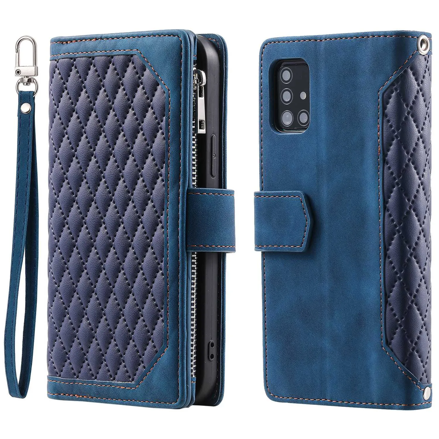 005 Style Rhombus Texture Phone Case for Samsung Galaxy A71 4G SM-A715, Zipper Pocket Leather Stand Wallet Cover with Wrist Strap