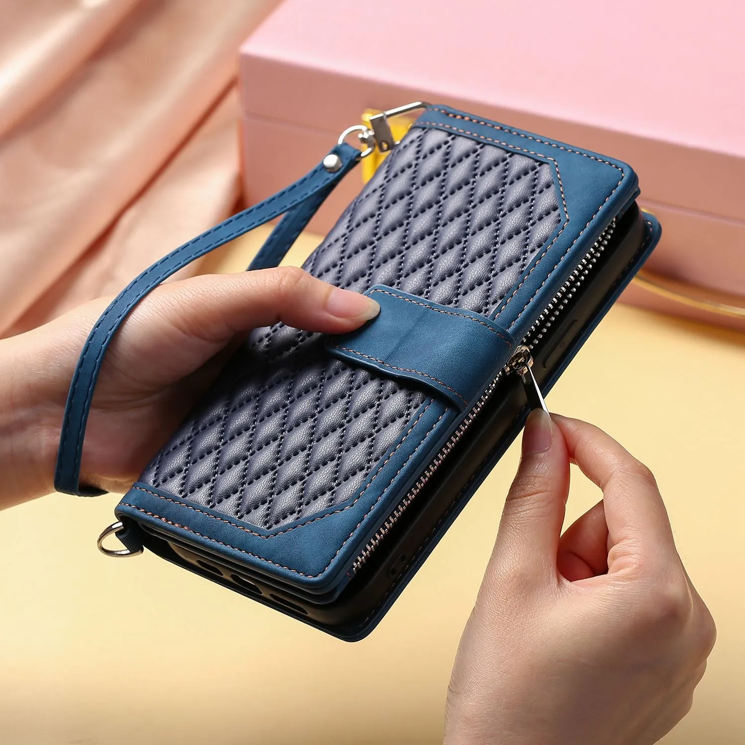 005 Style Rhombus Texture Phone Case for Samsung Galaxy A71 4G SM-A715, Zipper Pocket Leather Stand Wallet Cover with Wrist Strap