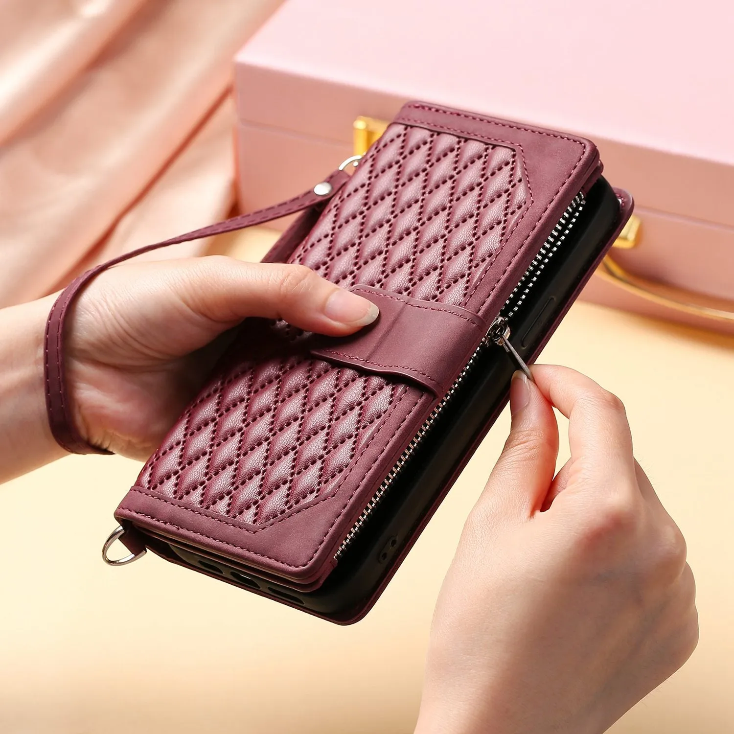 005 Style Rhombus Texture Phone Case for Samsung Galaxy A71 4G SM-A715, Zipper Pocket Leather Stand Wallet Cover with Wrist Strap
