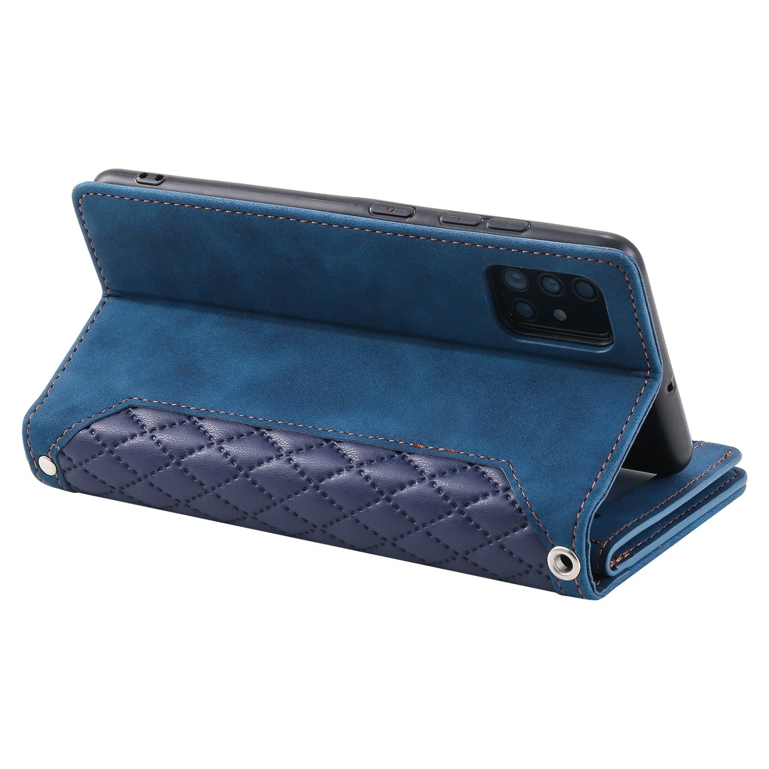 005 Style Rhombus Texture Phone Case for Samsung Galaxy A71 4G SM-A715, Zipper Pocket Leather Stand Wallet Cover with Wrist Strap