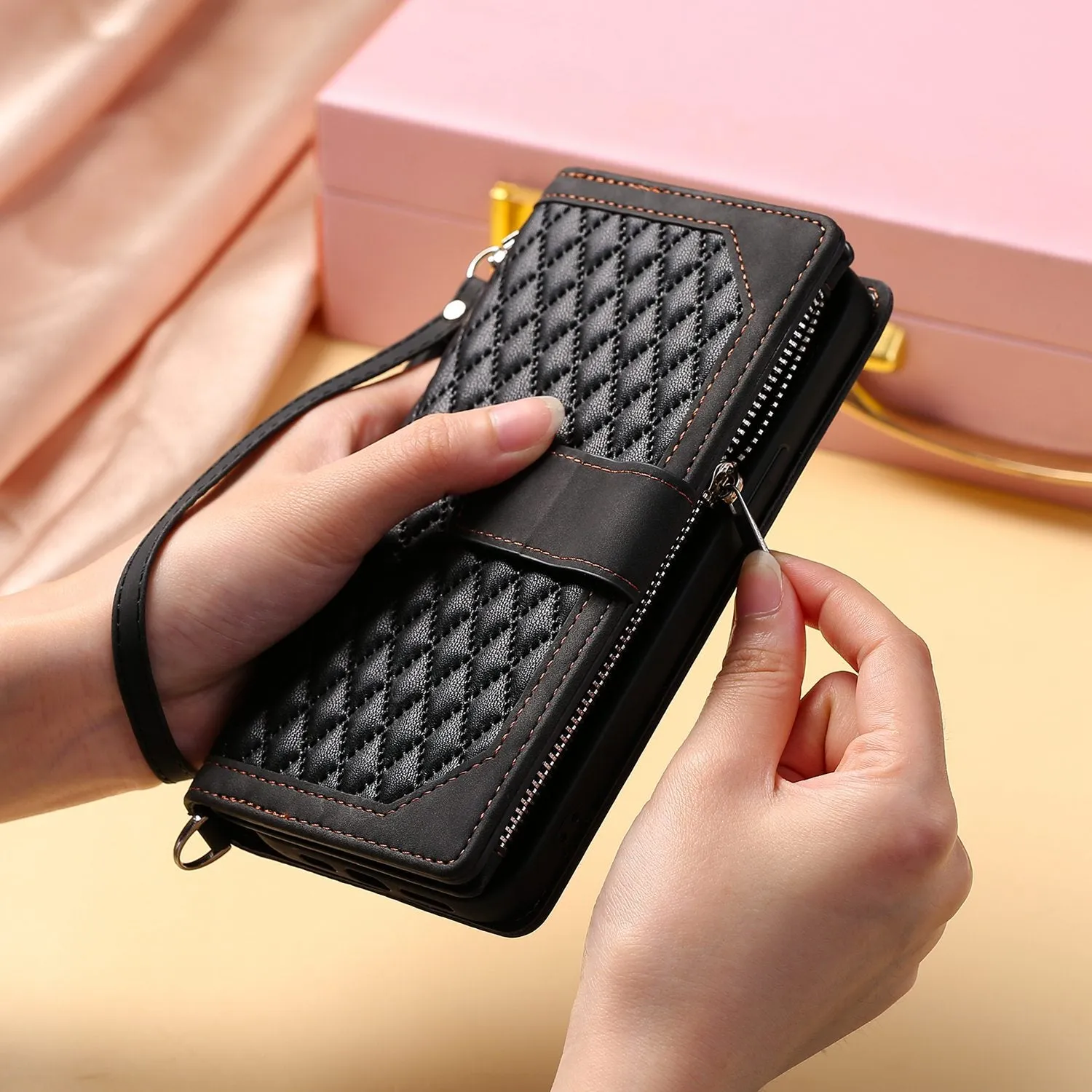 005 Style Rhombus Texture Phone Case for Samsung Galaxy A71 4G SM-A715, Zipper Pocket Leather Stand Wallet Cover with Wrist Strap