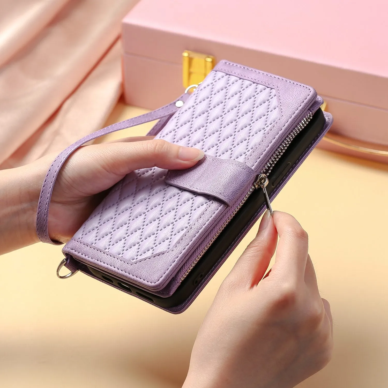 005 Style Rhombus Texture Phone Case for Samsung Galaxy A71 4G SM-A715, Zipper Pocket Leather Stand Wallet Cover with Wrist Strap
