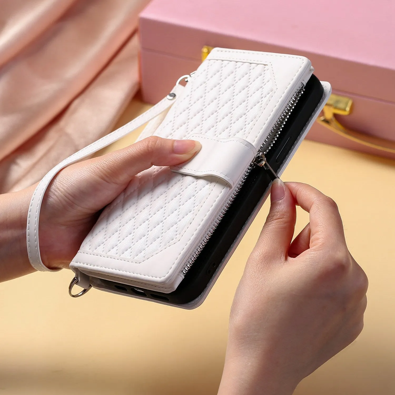 005 Style Rhombus Texture Phone Case for Samsung Galaxy A71 4G SM-A715, Zipper Pocket Leather Stand Wallet Cover with Wrist Strap