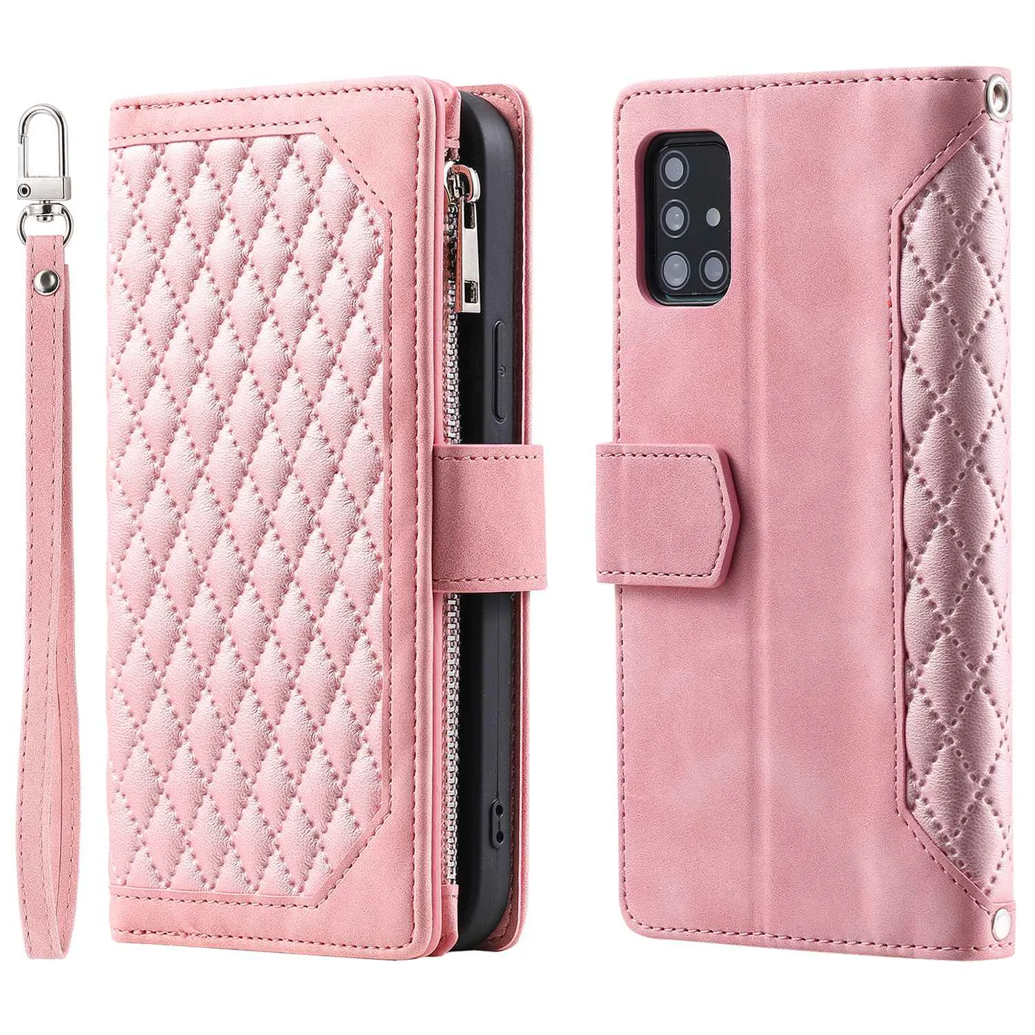 005 Style Rhombus Texture Phone Case for Samsung Galaxy A71 4G SM-A715, Zipper Pocket Leather Stand Wallet Cover with Wrist Strap