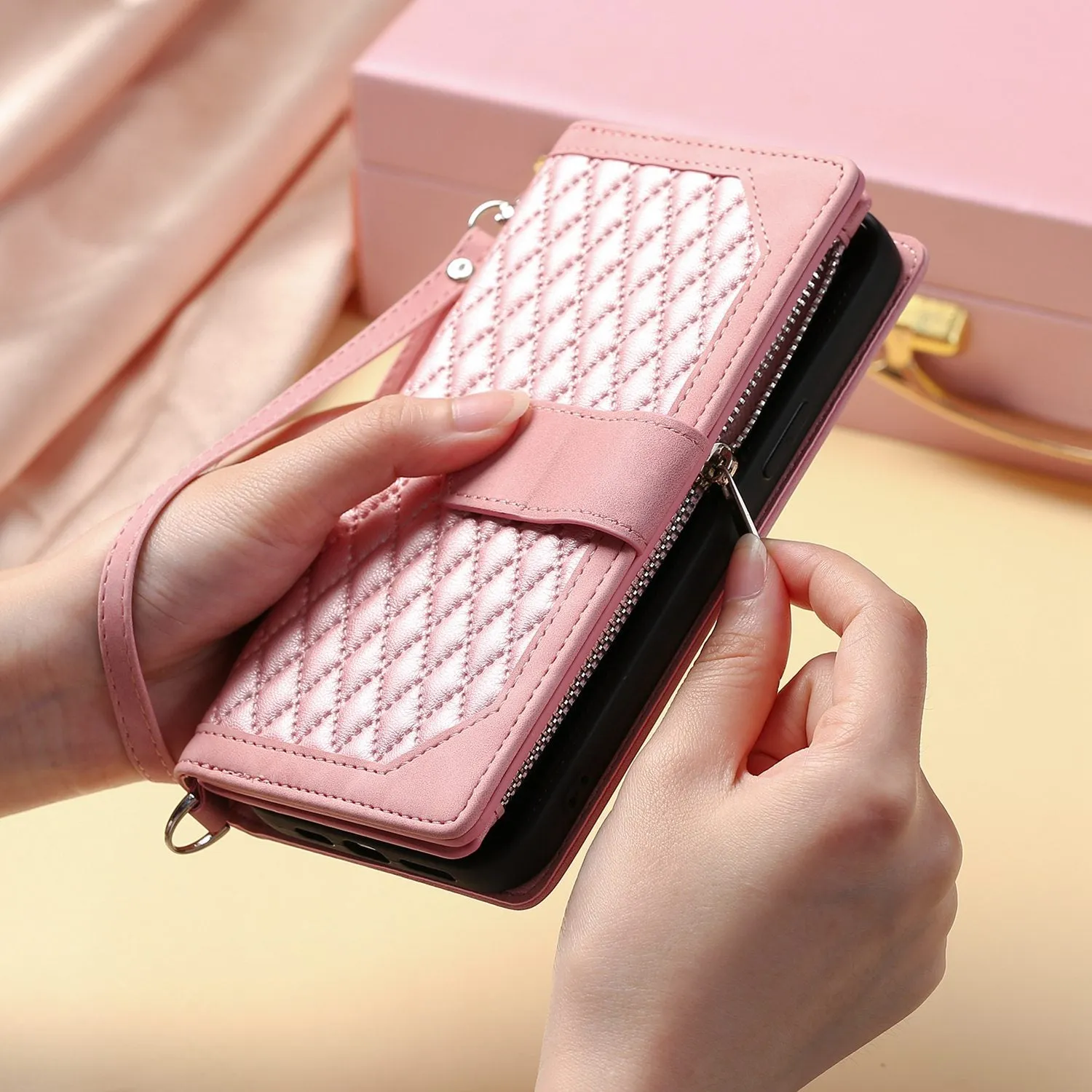 005 Style Rhombus Texture Phone Case for Samsung Galaxy A71 4G SM-A715, Zipper Pocket Leather Stand Wallet Cover with Wrist Strap