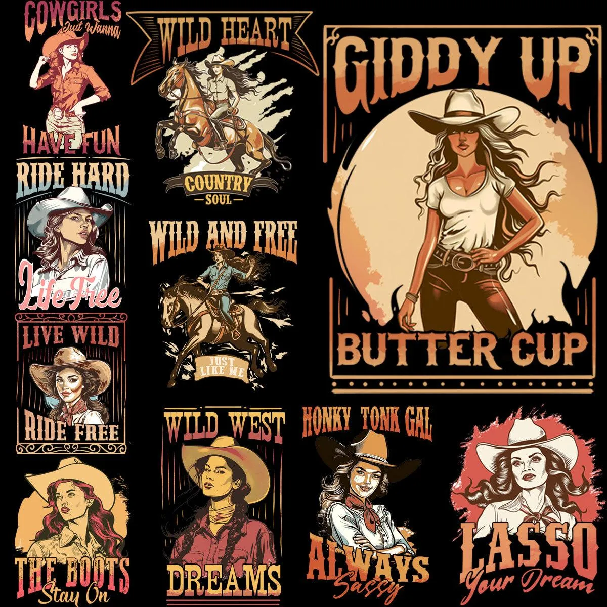 9 Western Cowgirls Designs Bundle PNG