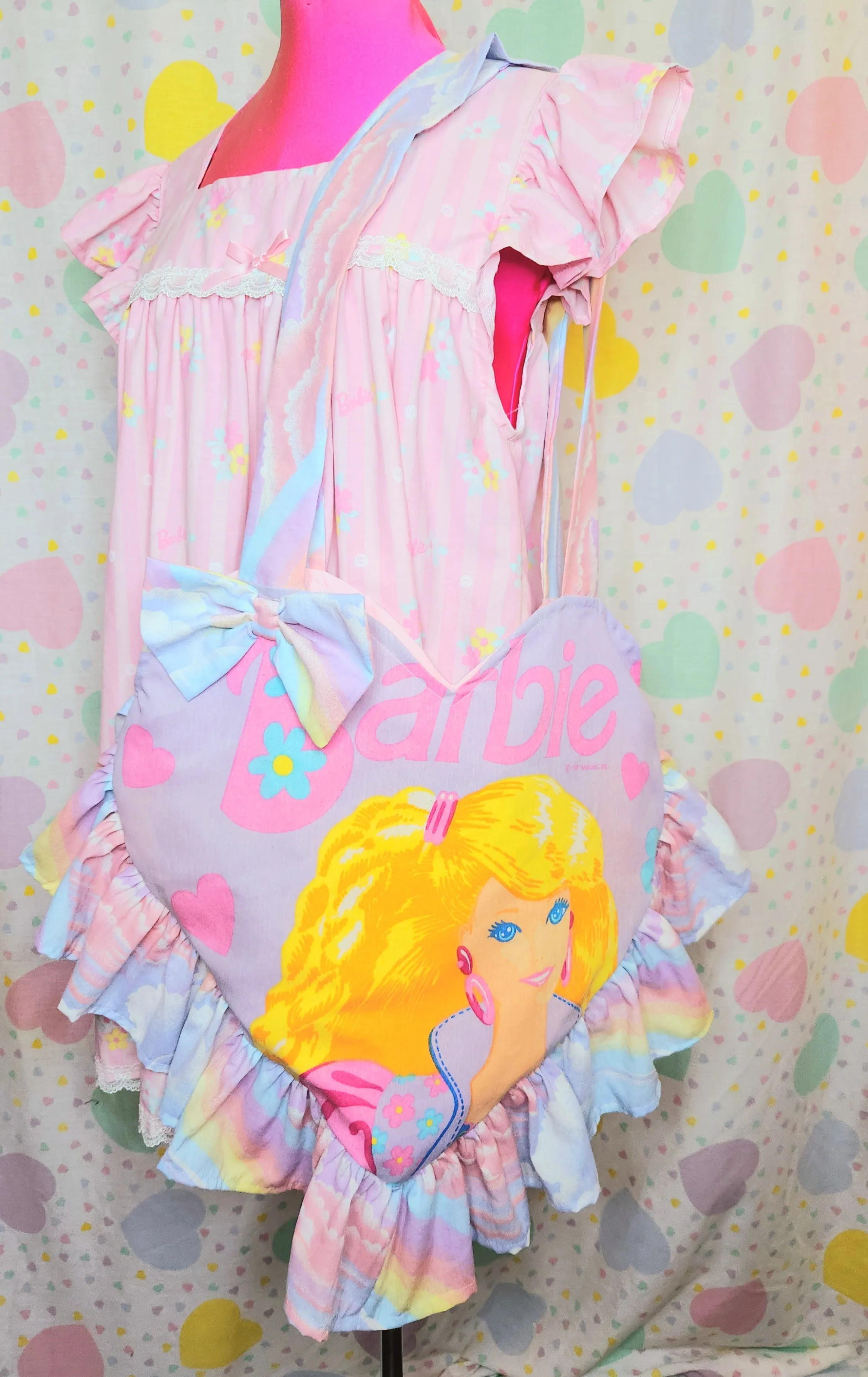 90's doll heart shaped upcycled spank kei ruffle tote bag