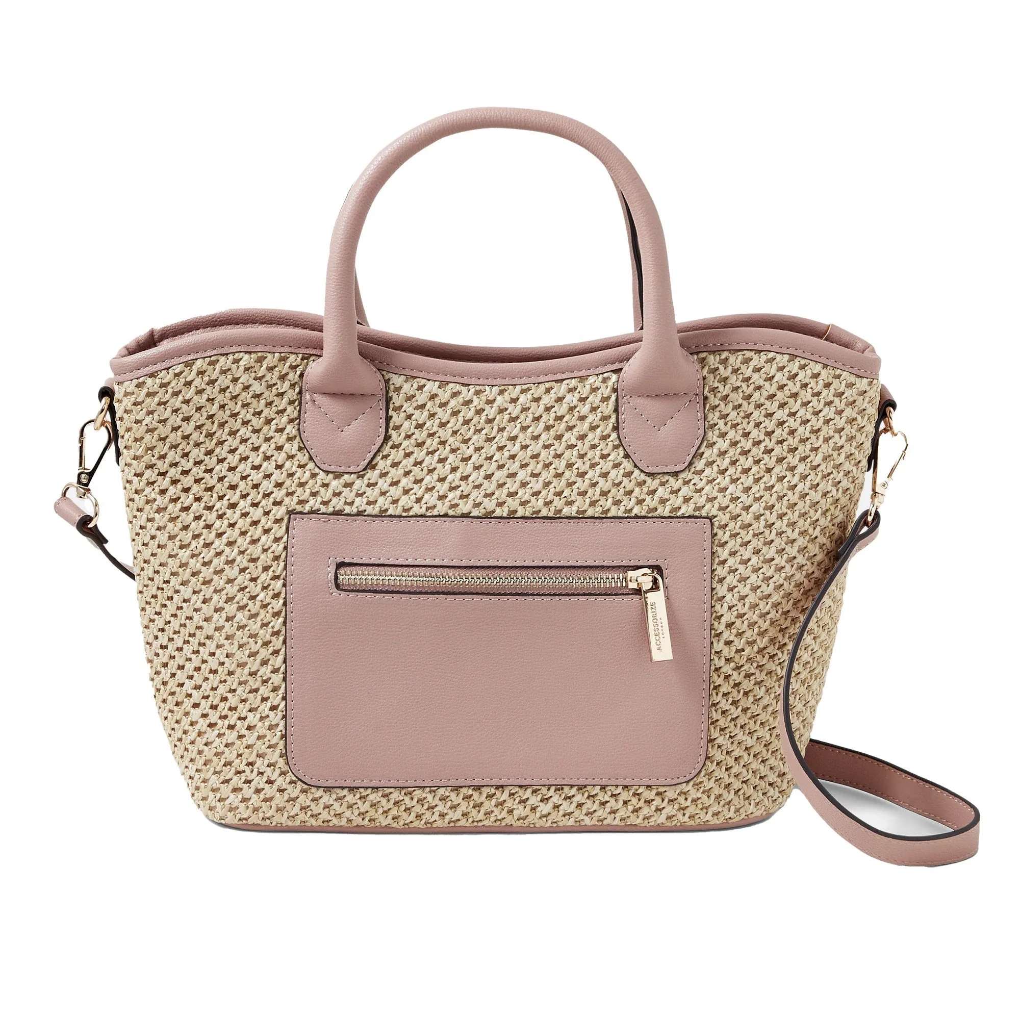 Accessorize London Women's Faux Leather Pink Rosie raffia handheld Tote bag