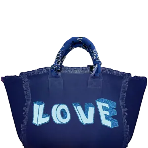 Blue Love Blocks Fringe Canvas Bag