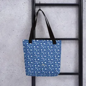 Blue White Stars Tote Bag, Designer 15"x15" Market Reusable Tote Bag- Made in USA/EU