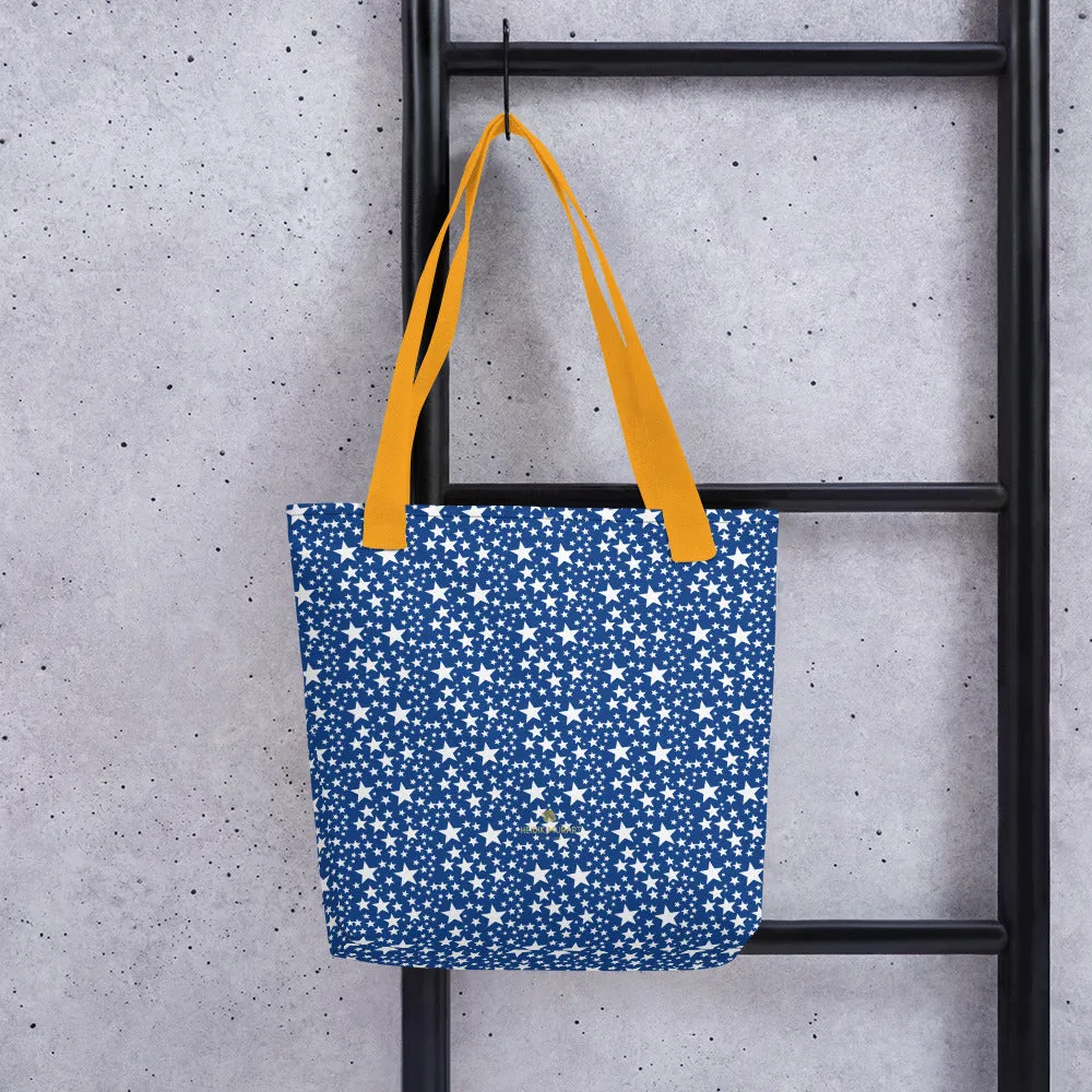 Blue White Stars Tote Bag, Designer 15"x15" Market Reusable Tote Bag- Made in USA/EU