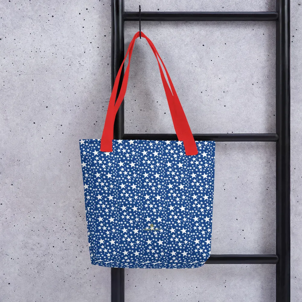 Blue White Stars Tote Bag, Designer 15"x15" Market Reusable Tote Bag- Made in USA/EU