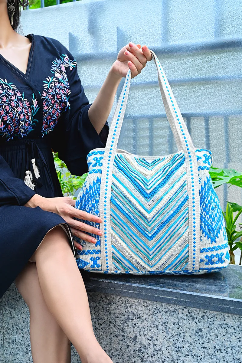 Bohemian Embellished Tote Bag - Blue