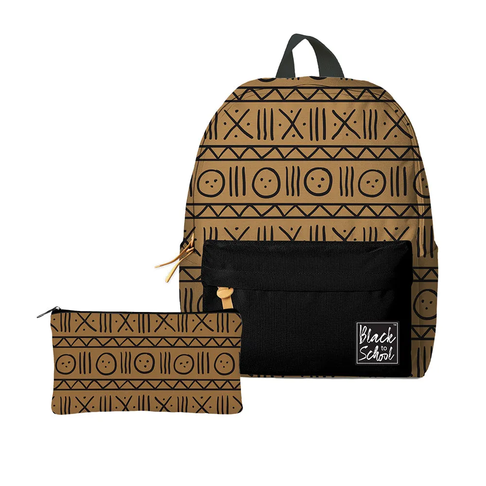 BROWN MUDCLOTH PATTERN BACKPACK SET
