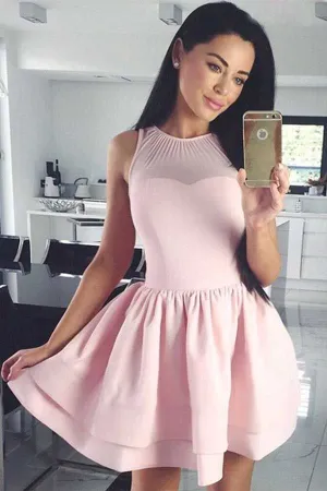 Chic A-Line Crew Sleeveless Short Satin Homecoming Dresses