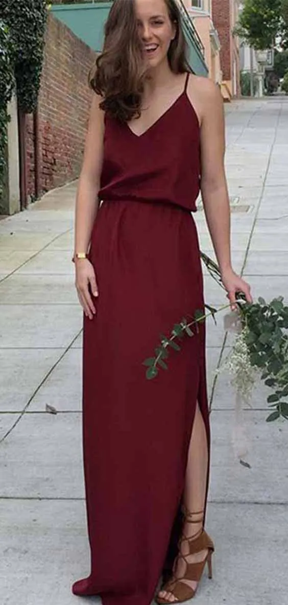 Chic Burgundy Spaghetti Straps Chiffon With Split Side Bridesmaid Dresses