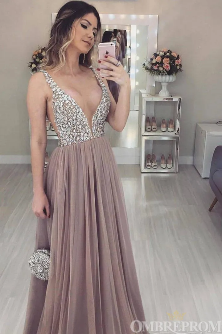 Chic Deep V Neck A Line Sleeveless Prom Dresses with Beading