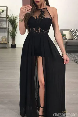 Chic Halter Black Lace Top Chiffon Prom Dresses with Split Side