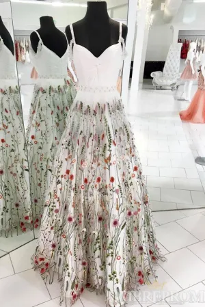 Chic Spaghetti Straps V Neck Prom Dresses with Appliques