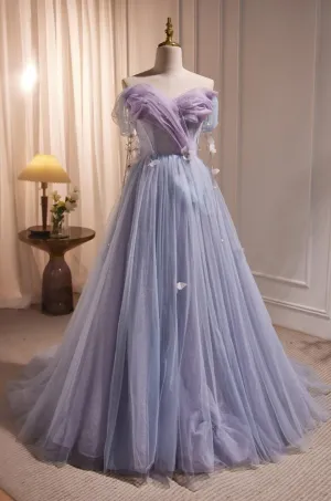 Chic Strapless Purple A Line Tulle Long Prom Dresses Unique Party Gown