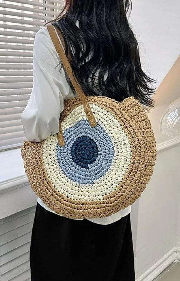 Evil Eye Straw Tote Bag
