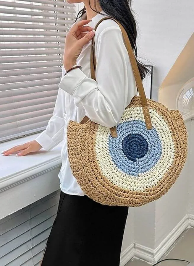Evil Eye Straw Tote Bag