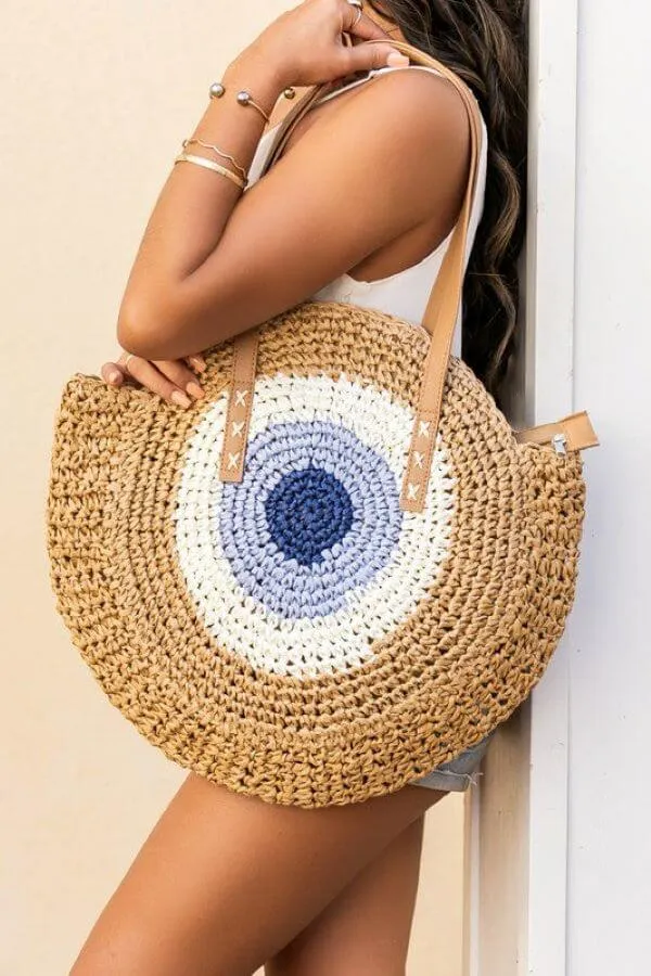 Evil Eye Straw Tote Bag