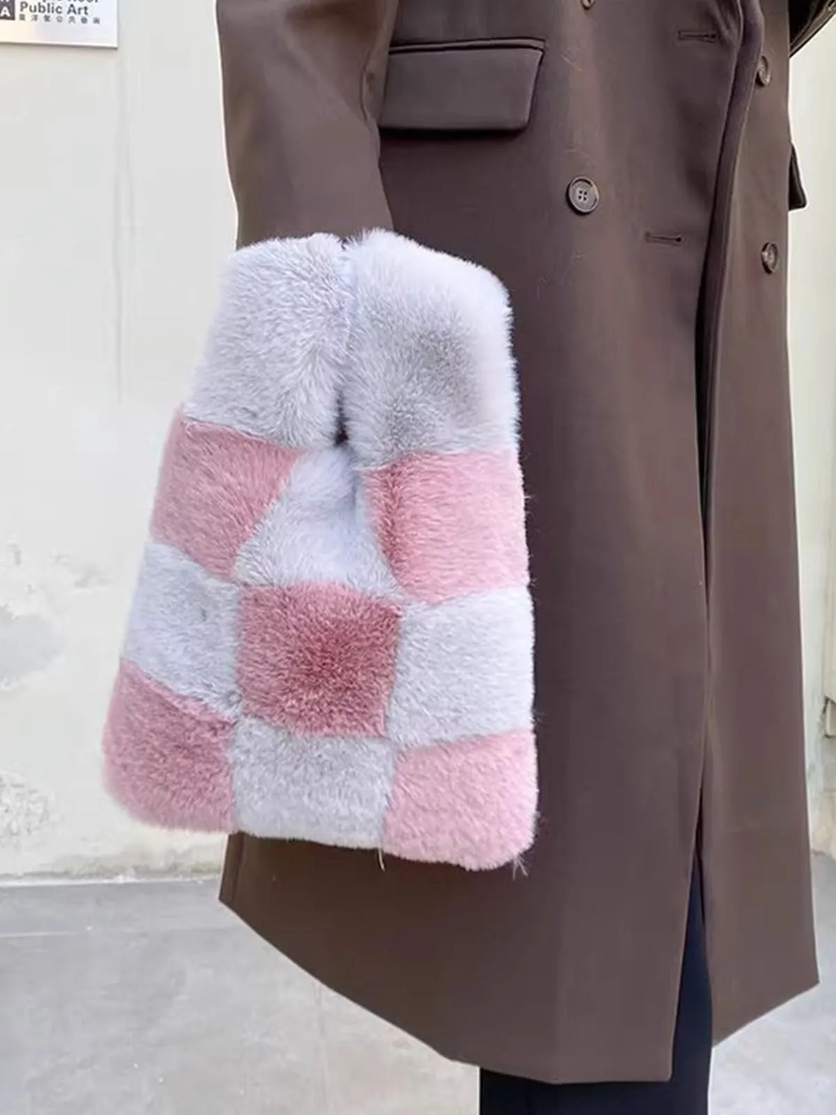 Fluffy Plush Tote Bag Fuzzy Checkered Handbags