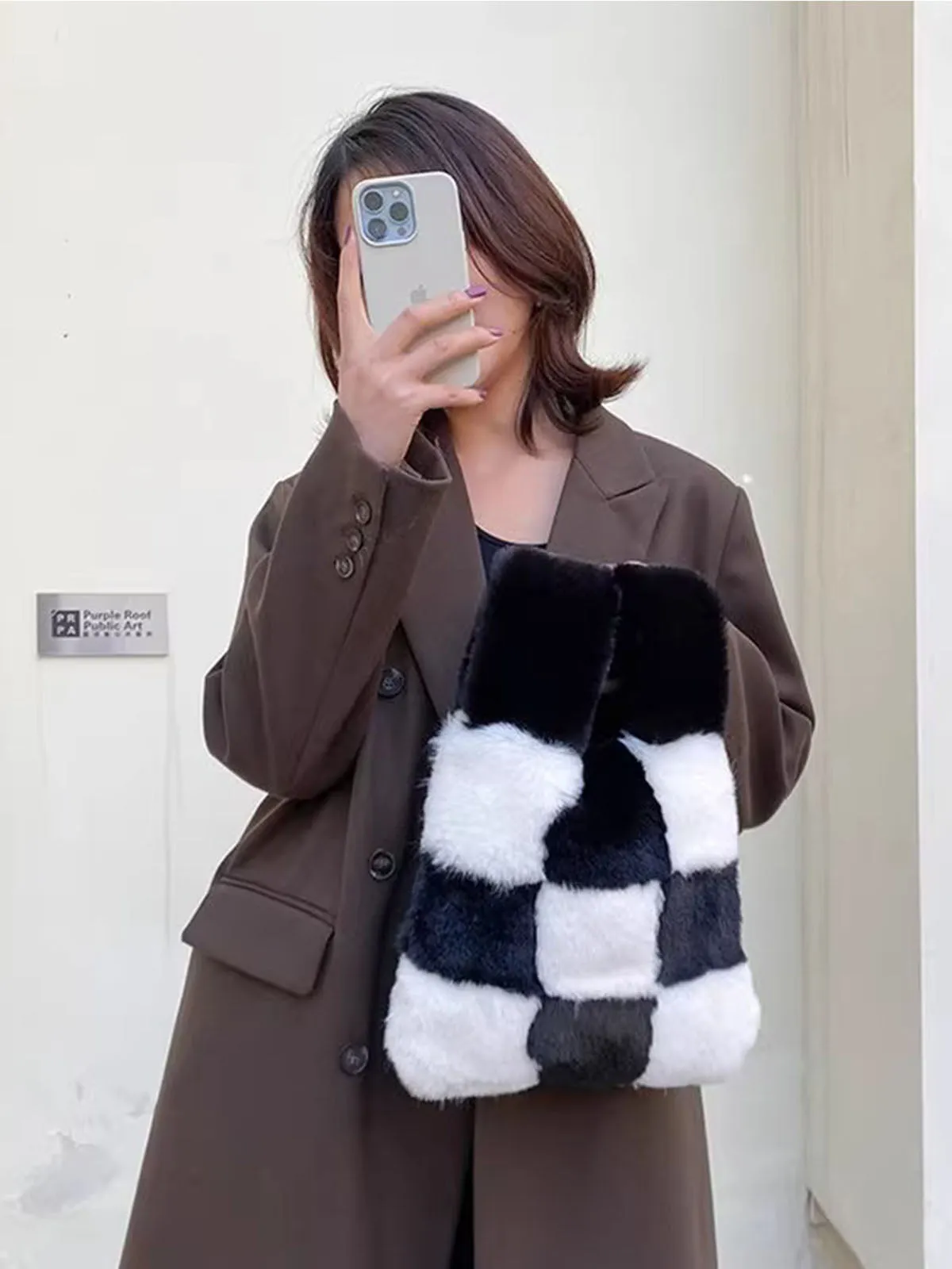 Fluffy Plush Tote Bag Fuzzy Checkered Handbags