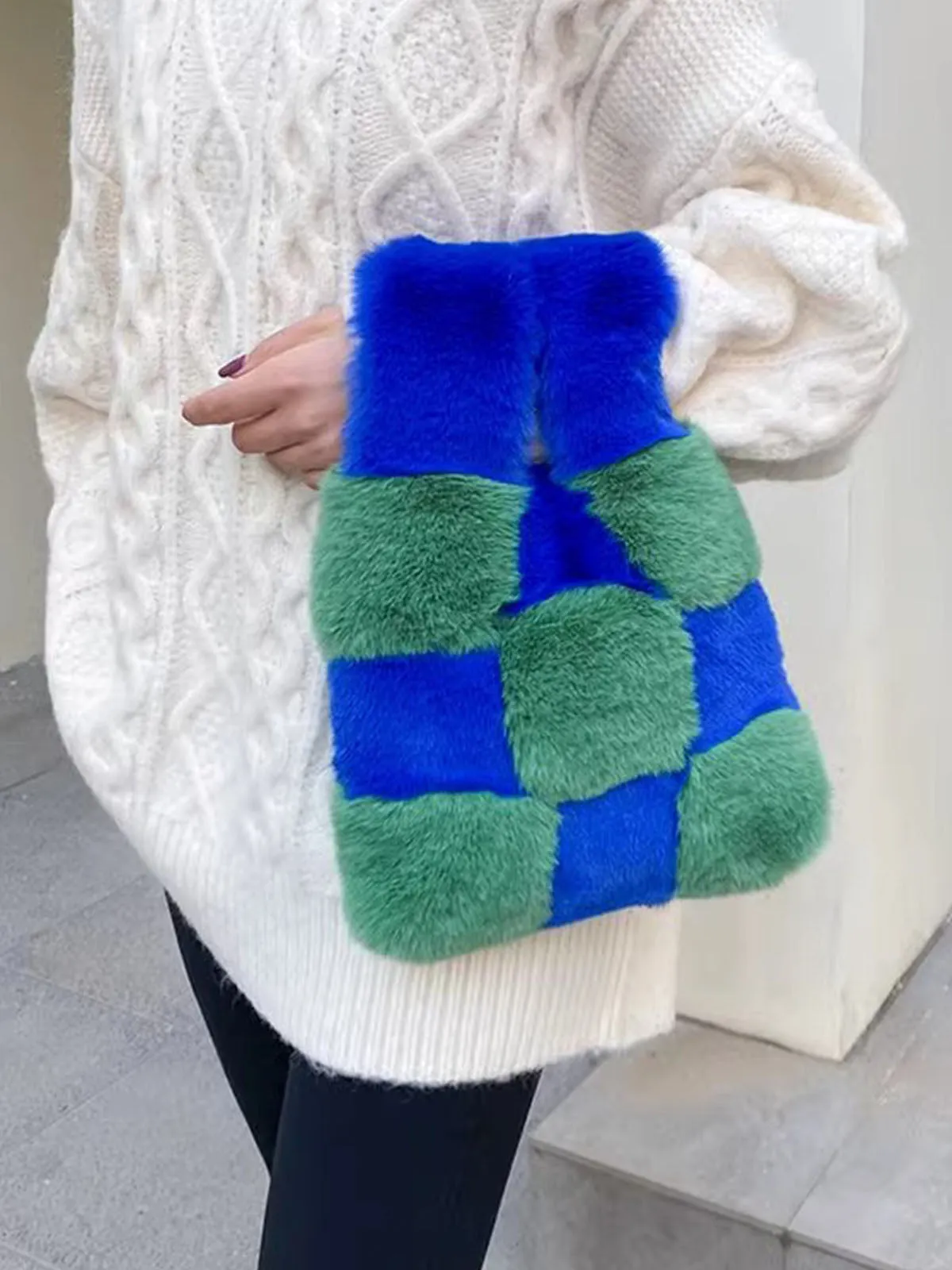 Fluffy Plush Tote Bag Fuzzy Checkered Handbags