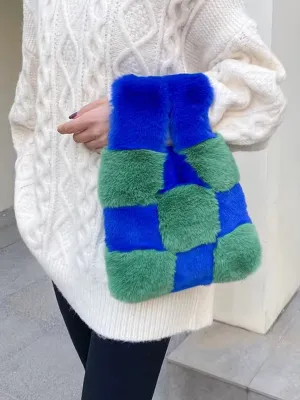 Fluffy Plush Tote Bag Fuzzy Checkered Handbags