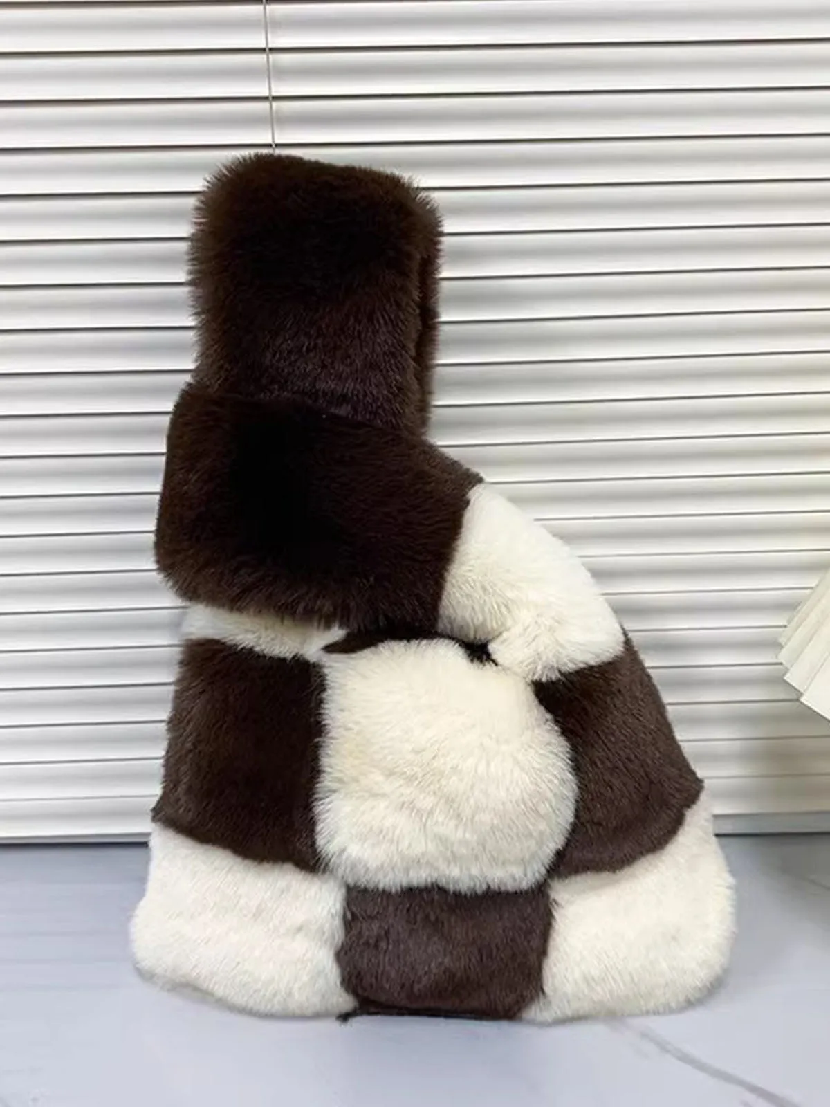 Fluffy Plush Tote Bag Fuzzy Checkered Handbags