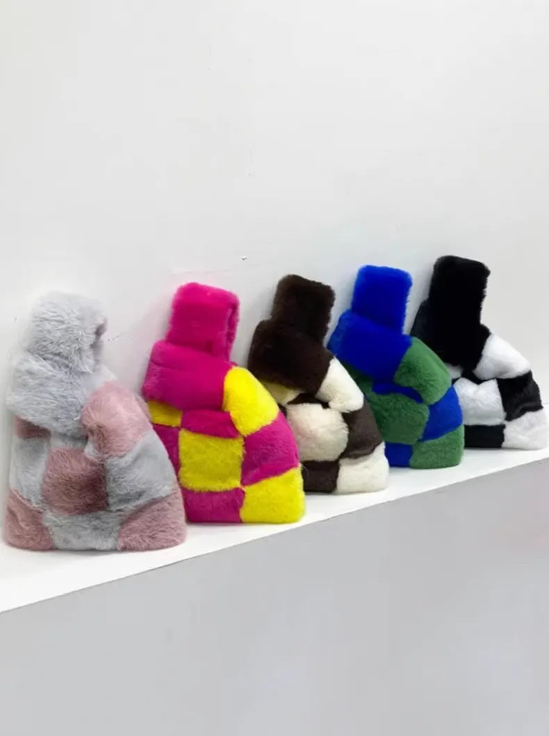 Fluffy Plush Tote Bag Fuzzy Checkered Handbags