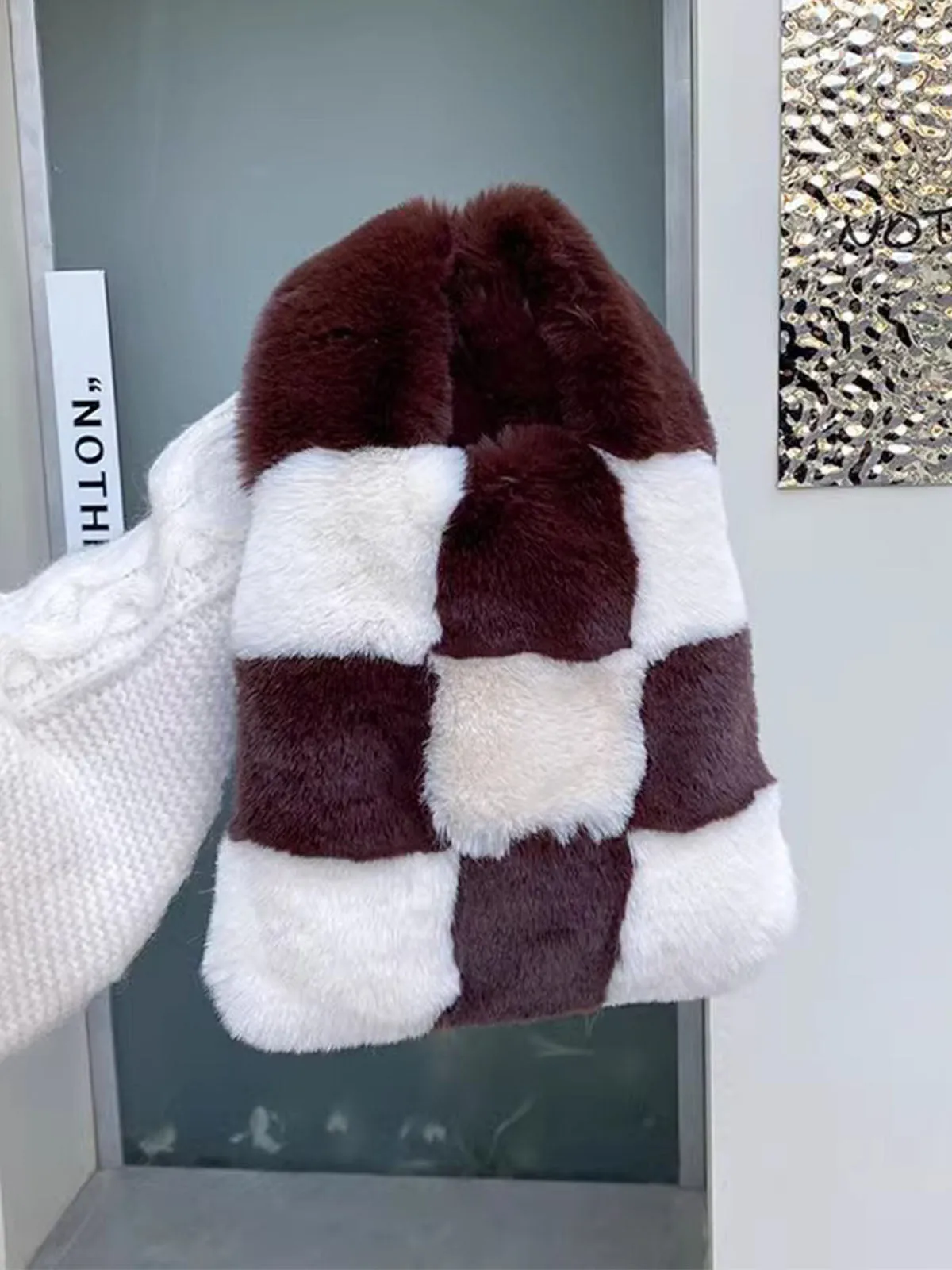 Fluffy Plush Tote Bag Fuzzy Checkered Handbags