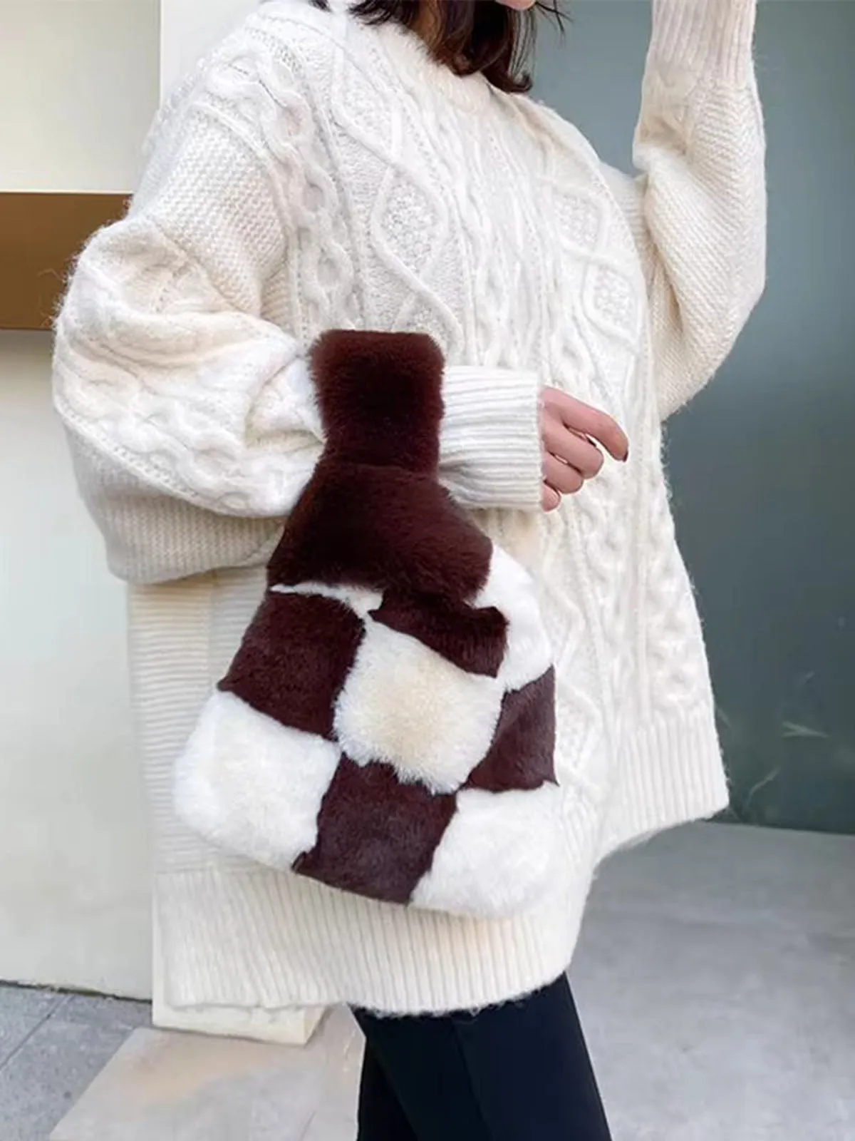 Fluffy Plush Tote Bag Fuzzy Checkered Handbags