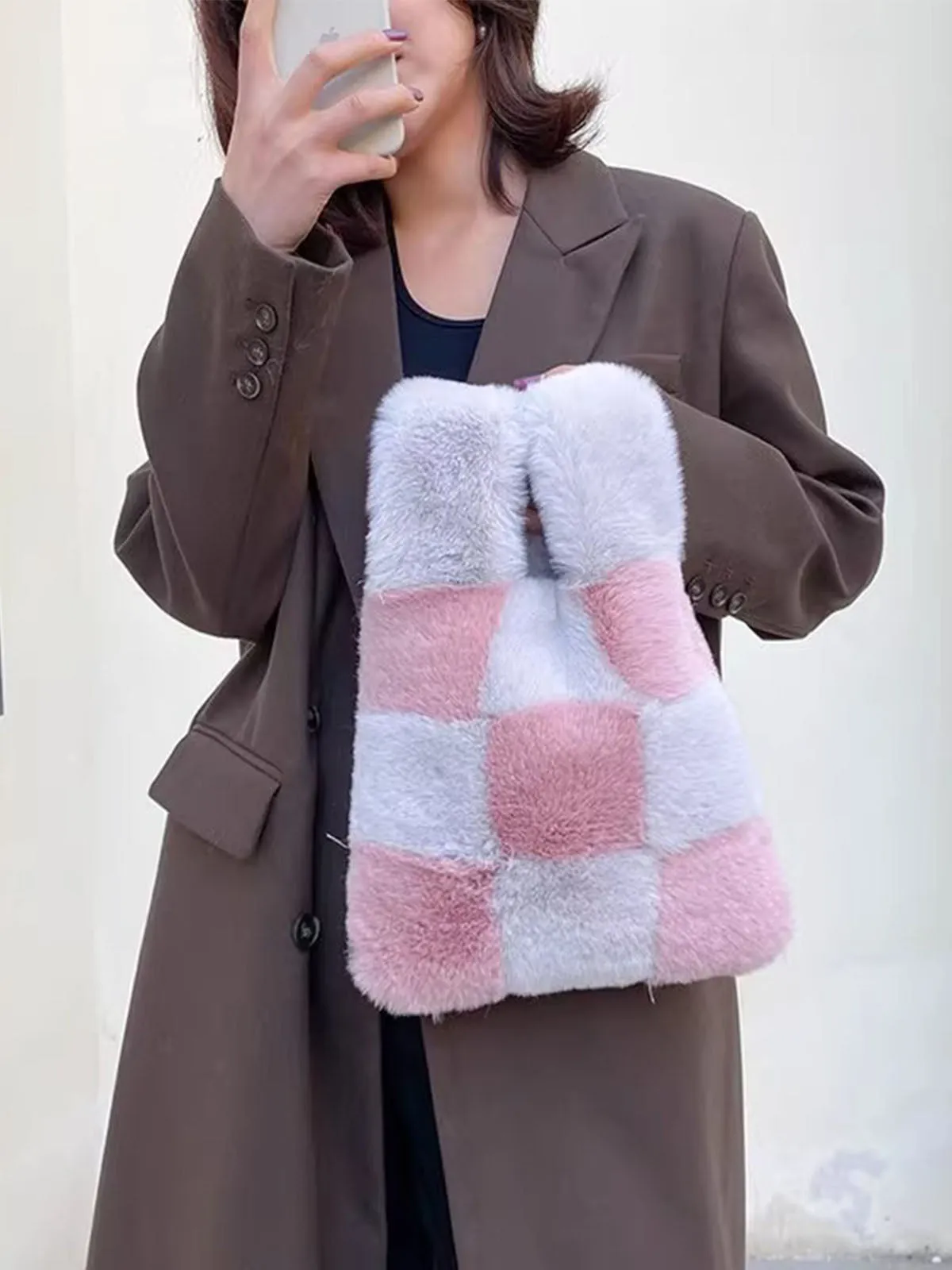 Fluffy Plush Tote Bag Fuzzy Checkered Handbags