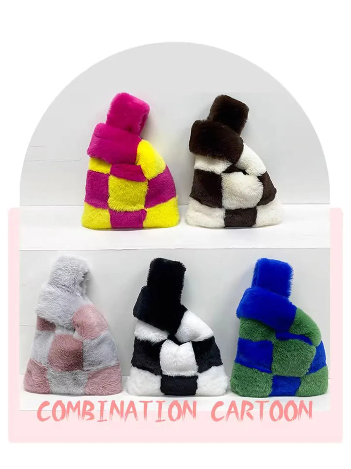 Fluffy Plush Tote Bag Fuzzy Checkered Handbags