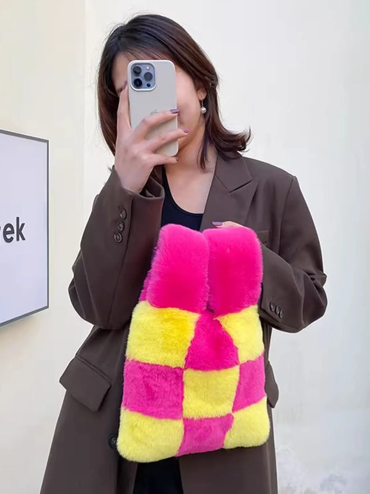 Fluffy Plush Tote Bag Fuzzy Checkered Handbags