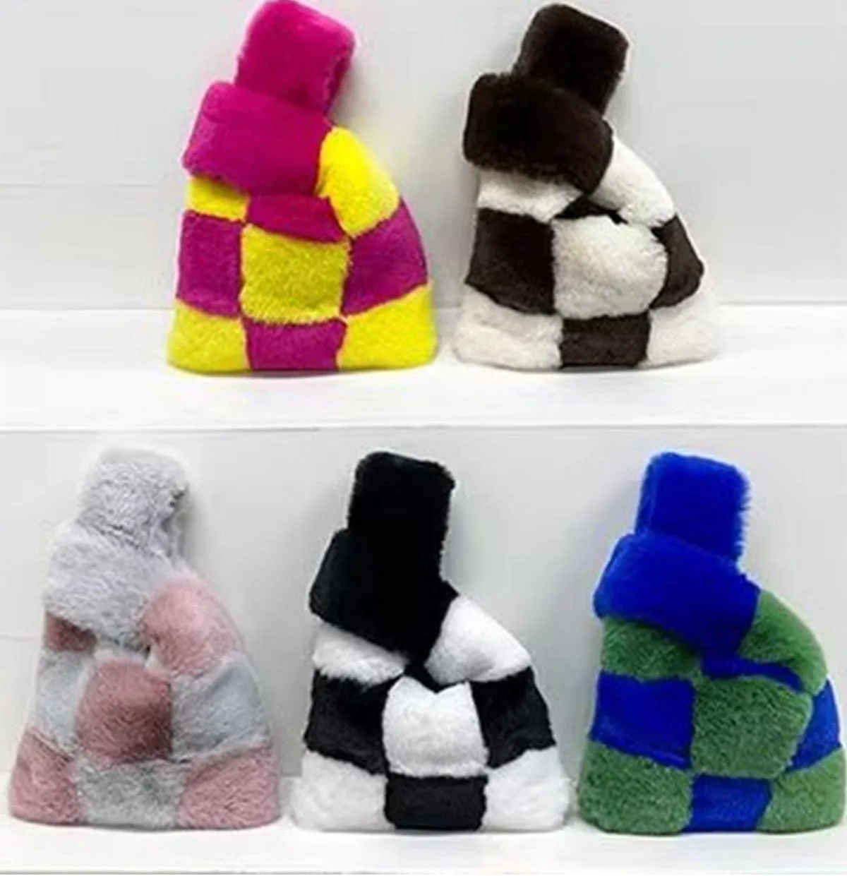 Fluffy Plush Tote Bag Fuzzy Checkered Handbags