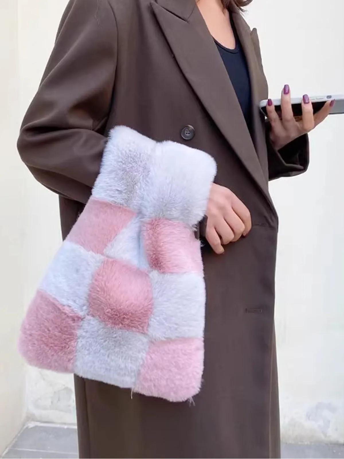 Fluffy Plush Tote Bag Fuzzy Checkered Handbags