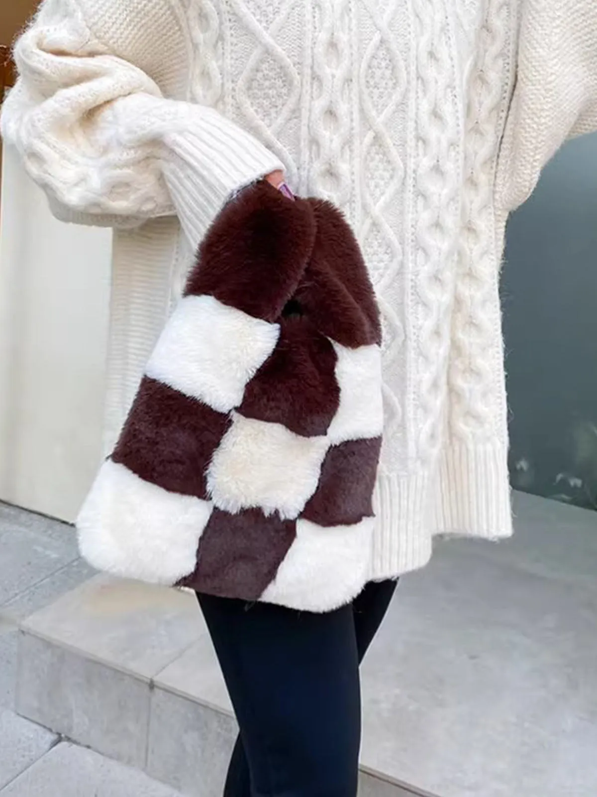 Fluffy Plush Tote Bag Fuzzy Checkered Handbags