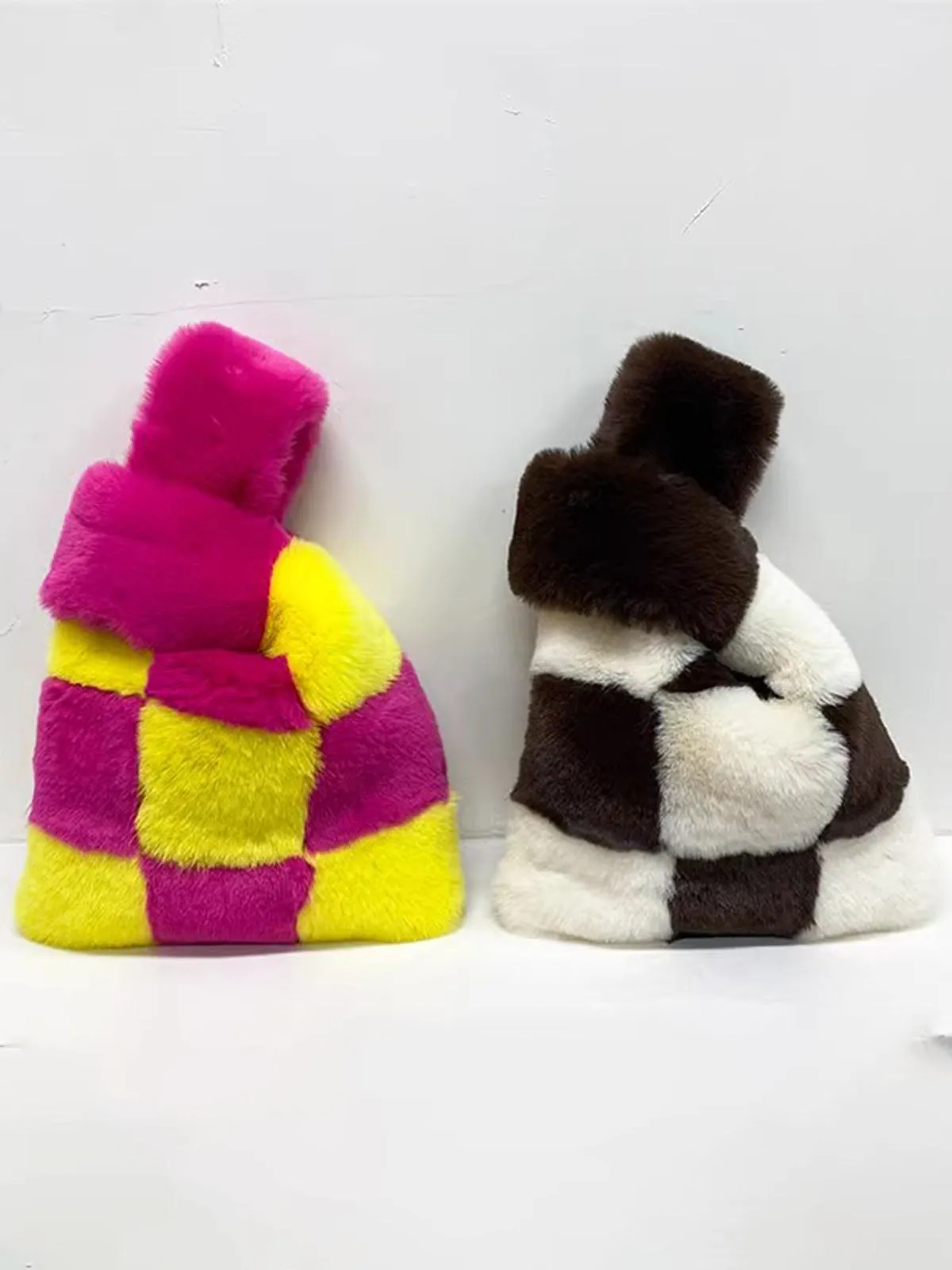 Fluffy Plush Tote Bag Fuzzy Checkered Handbags