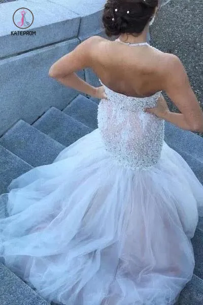 Gorgeous Halter Mermaid Beading Wedding Dresses, Beaded Backless Mermaid Bridal Dress KPW0517