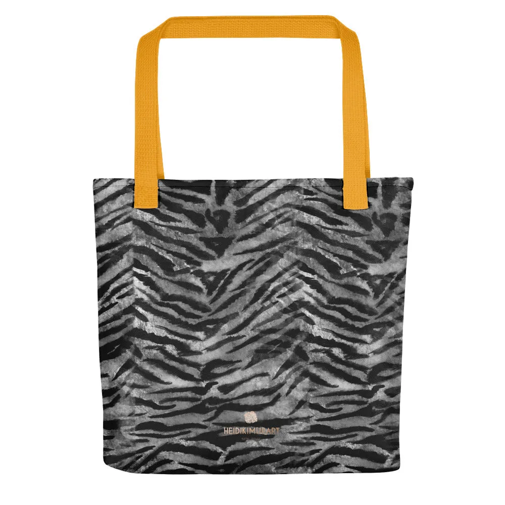 Gray Tiger Striped Print Tote Bag, Grey Animal Print 15" x 15" Tote Bag-Made in USA/EU