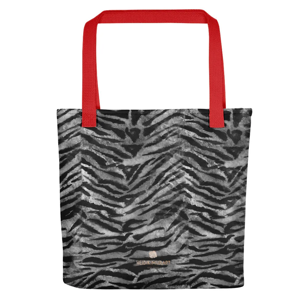 Gray Tiger Striped Print Tote Bag, Grey Animal Print 15" x 15" Tote Bag-Made in USA/EU