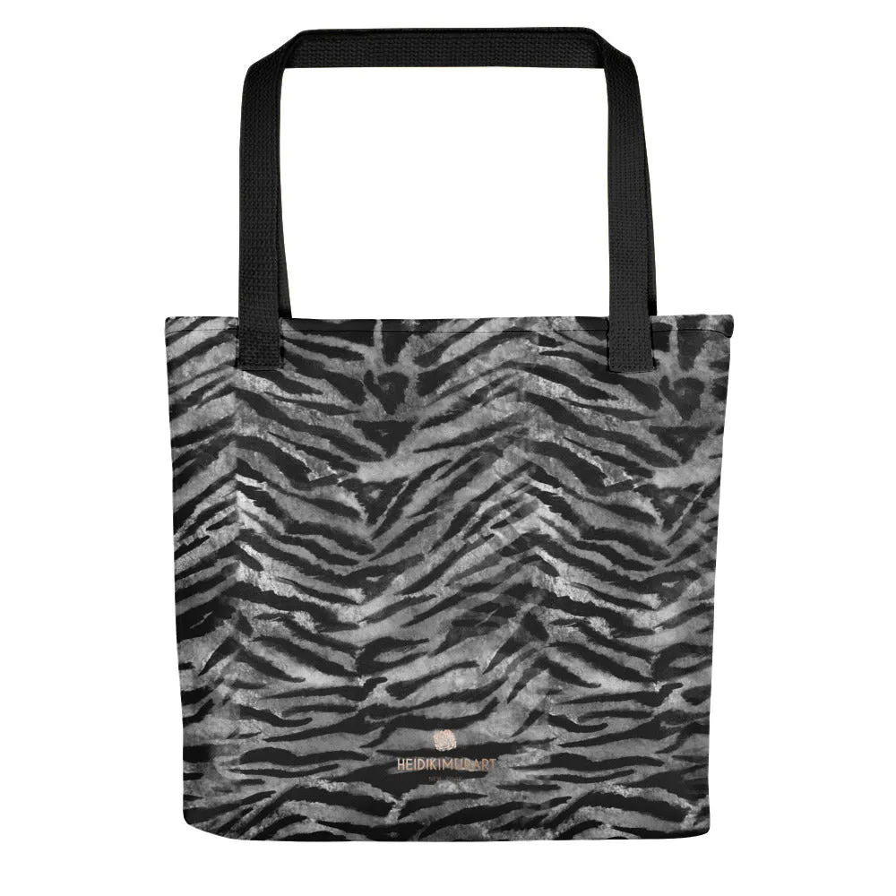 Gray Tiger Striped Print Tote Bag, Grey Animal Print 15" x 15" Tote Bag-Made in USA/EU