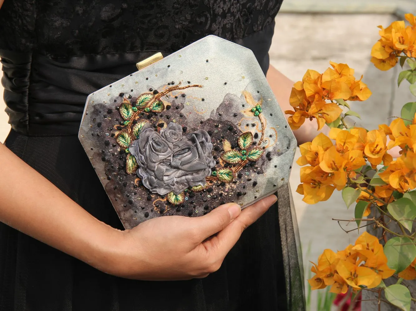 Grey Rose Clutch